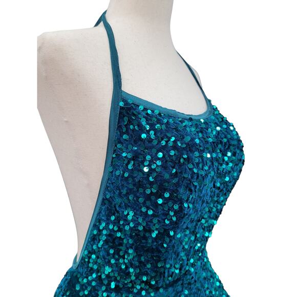 NWT Teal Halter Scoop Neck Sequin Short Dress - Picture 9 of 13